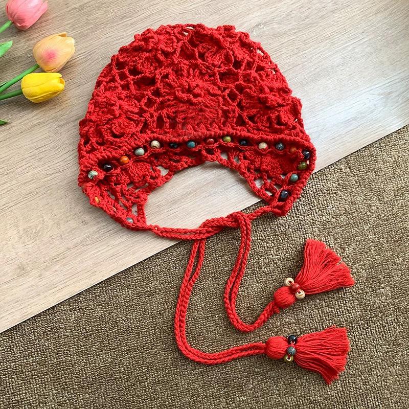 Ethnic Style Crochet Beaded Pullover Hat Children Summer And Autumn Fringed Strap Knitted Hat Retro Literary Hollow Head Hat