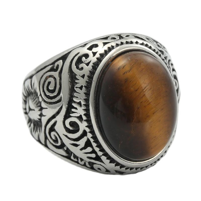 QIBAOKU Neuer Retro-Ring Titanstahl Naturtürkis Tigerauge Stein Ring Trendiger Herren Personalisierter Punk Edelstahlring