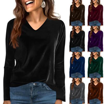 Damenmode Lässig Samt Einfarbig V-Ausschnitt Langarm T-Shirt Top