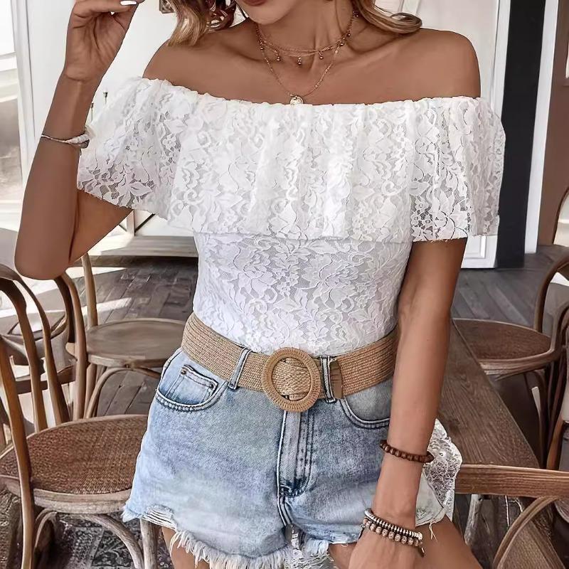 Women Solid Color Off Shoulder Ruffle Lace Slim Fit Short Sleeve T Shirt Top