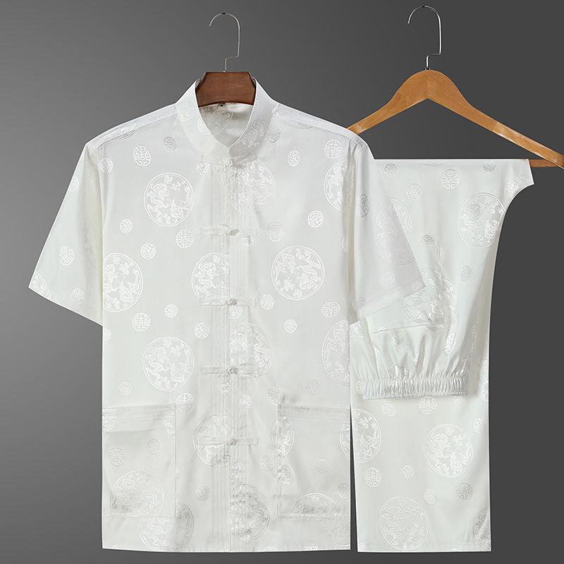 Casual Ice Silk Tang Suit Men's Short Sleeve Loose Fit Plus Size Chinese Style Father Hanfu Summer Clothing For Middle-Aged