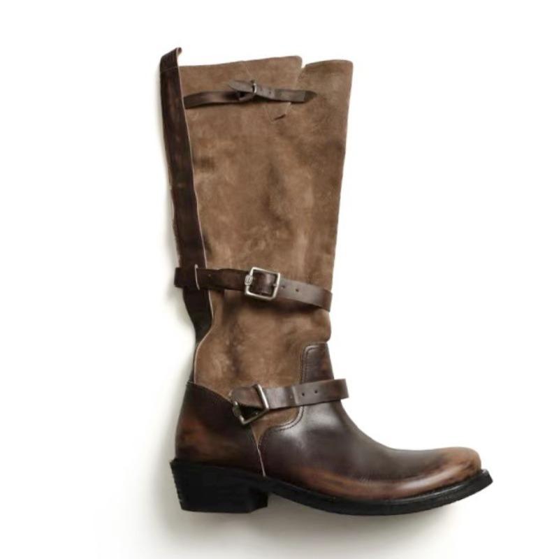Cowhide version~ retro old polished boots long boots thick-soled belt buckle pleated stacked boots niche knight boots