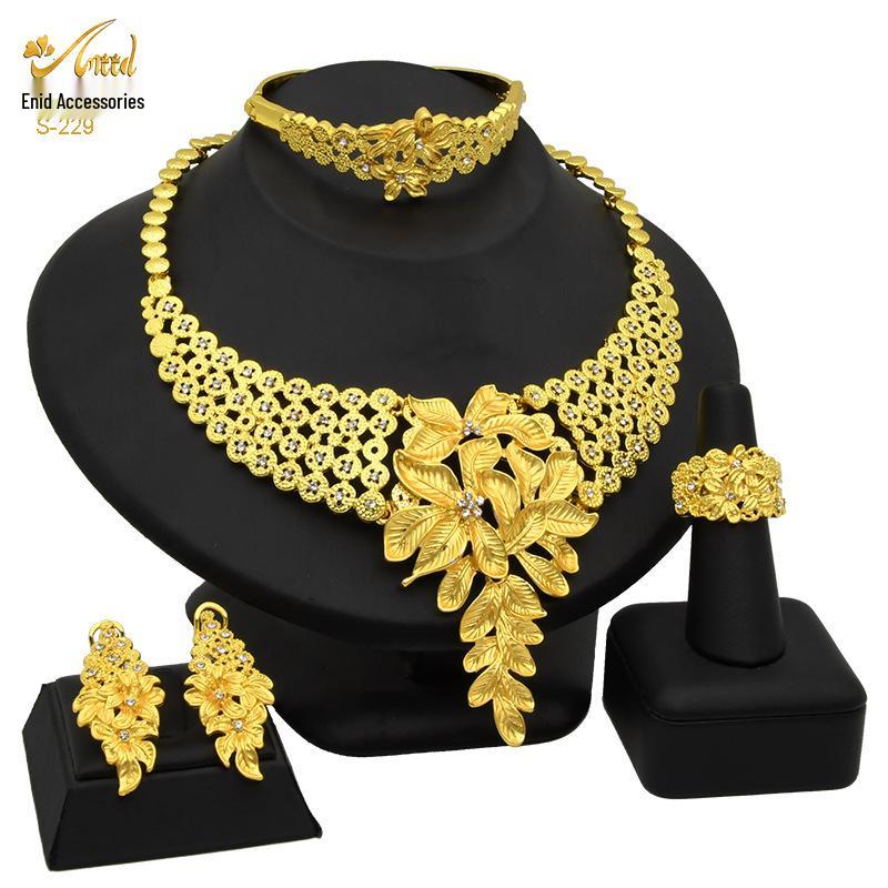 24K Gold-Plated Bridal Jewelry Set: Necklace & Earrings, Middle Eastern Wedding Style, Dubai Four-Piece Set