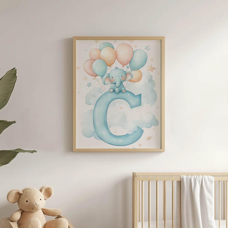 Plakat Słoniątko Na Literze C Plakat Słoniątko Na Literze C, 70X100 Cm, Rama Drewniana Ciemny Brąz, Papier Matowy 230 Gsm