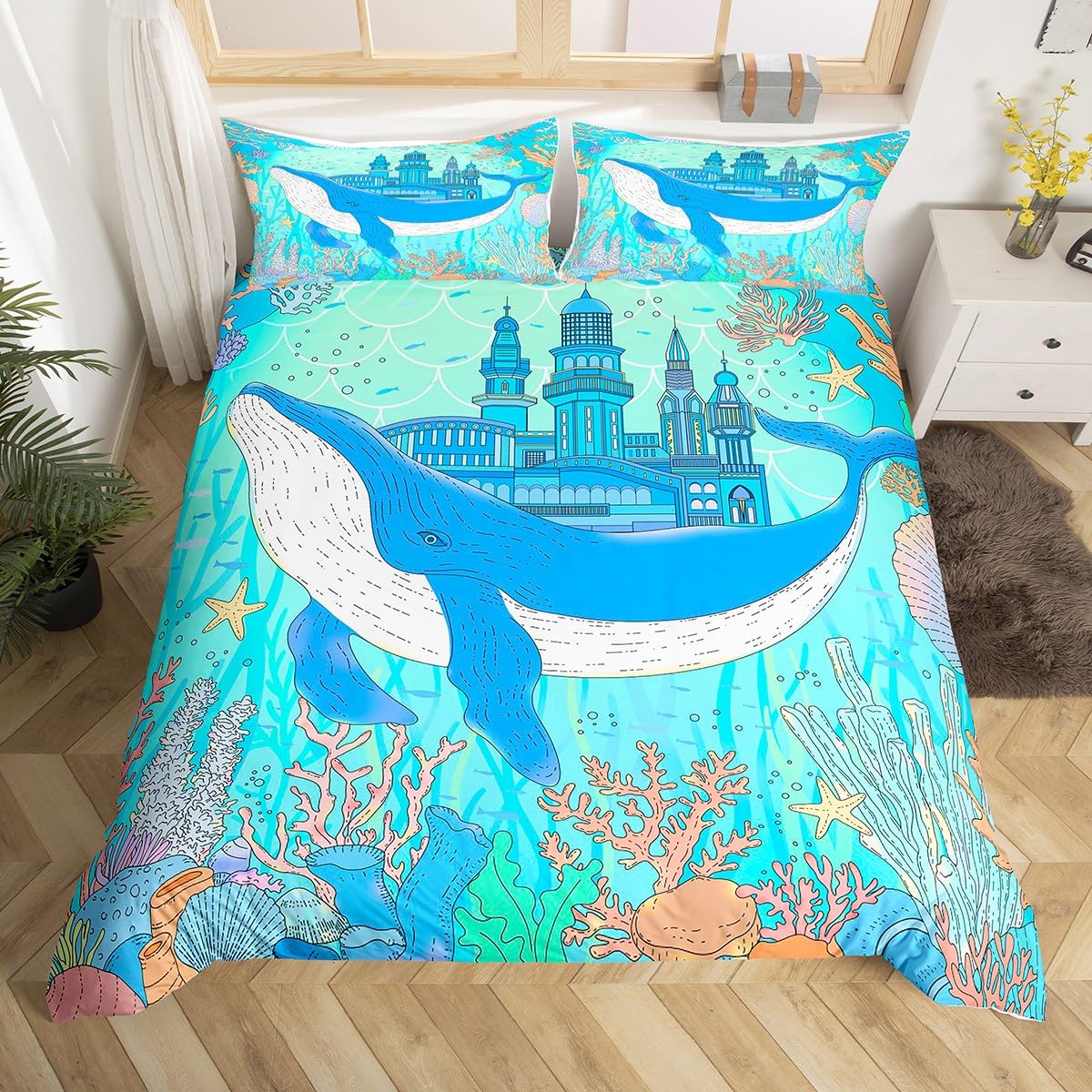 Cute Cartoon Killer Whale Duvet Cover Ocean Orca Bedding Set,Coastal Marine Animal Print Comforter Cover Twin Queen For Boy Girl EU Single(135x200cm)