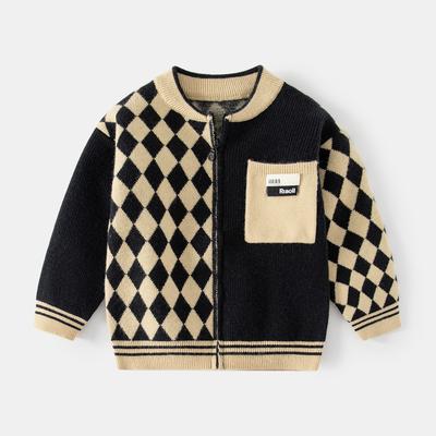 Children's Diamond Check Color Matching Casual Coat Boys Casual Handsome Cardigan Sweater