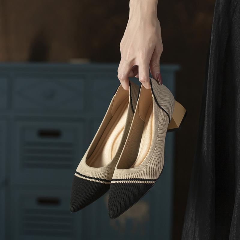 

Breathable color matching high-heeled flying-woven women s shoes single shoes medium heel knitted woven pointed thick heel soft sole 34