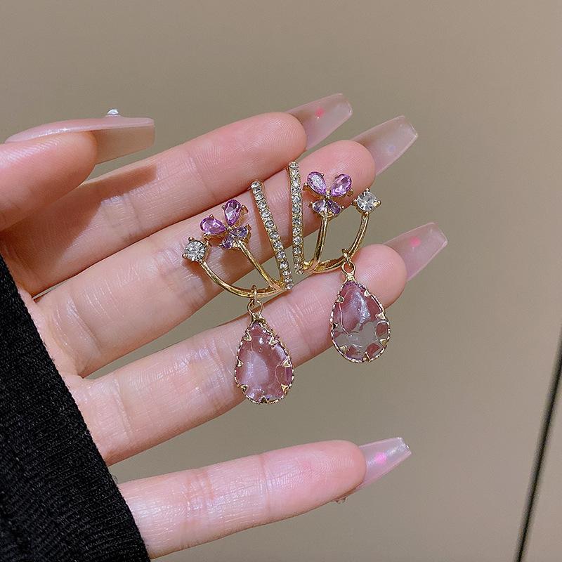 Purple zircon water drop earrings women s light luxury niche design butterfly stud earrings French retro romantic earrings