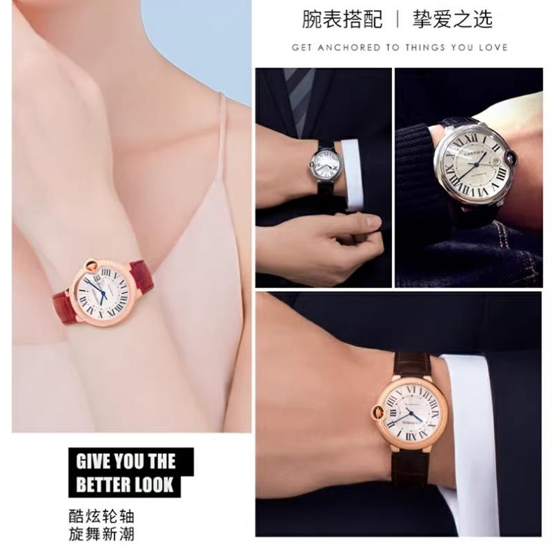 Für Cartier Echtleder-Uhr mit Damen-Uhrenkette, blaue Ballon-Dornschließe, konvexer Mund-Rindsleder-Herren-Uhrenkette