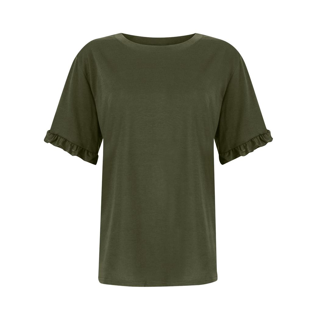 Ladies Summer Color Short Sleeve Ruffle Round Neck T-Shirt