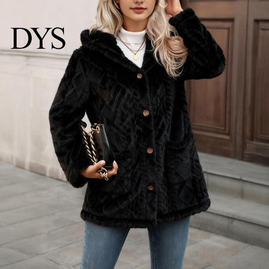 Long Sleeve Warm Coat Women Fleece Jacket with Pockets, Hooded for Fall Winter, Oversized Casual Button Front Cardigan Outerwear Cozy