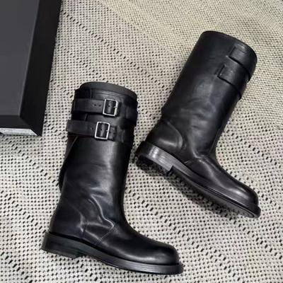 Sheepskin Version~ New Leather Thick-soled Medium Boots Women's Belt Buckle Autumn New Leather Locomotive Rider Boots