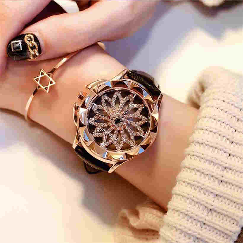 Creative Rose Gold Ladies Quartz Watch Casual Simple Leather Strap Women Wrist Watch