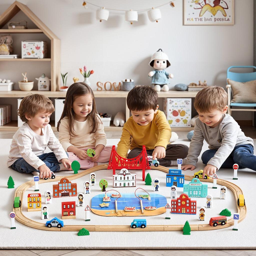 113PCS Wooden Train Set, for Kids Ages 3-8, Wood Train Track Toy with Storage Box, City Scene Railway Playset, Compatible with Major Brands, Christmas