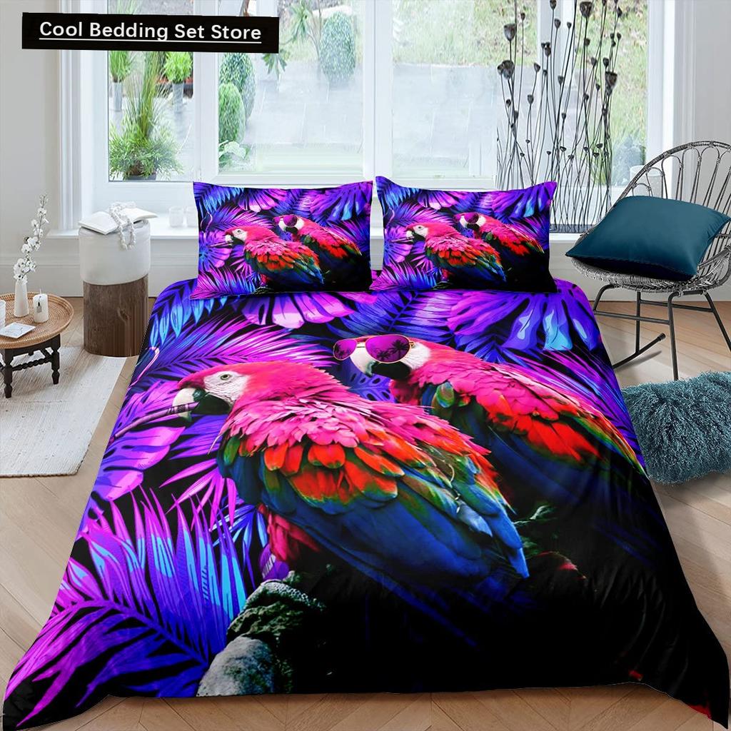 Parrot King Queen Duvet Cover Colourful Feather Bedding Set Rain Trees Bird Quilt Cover Sunset Mountain Natural Comforter Cover