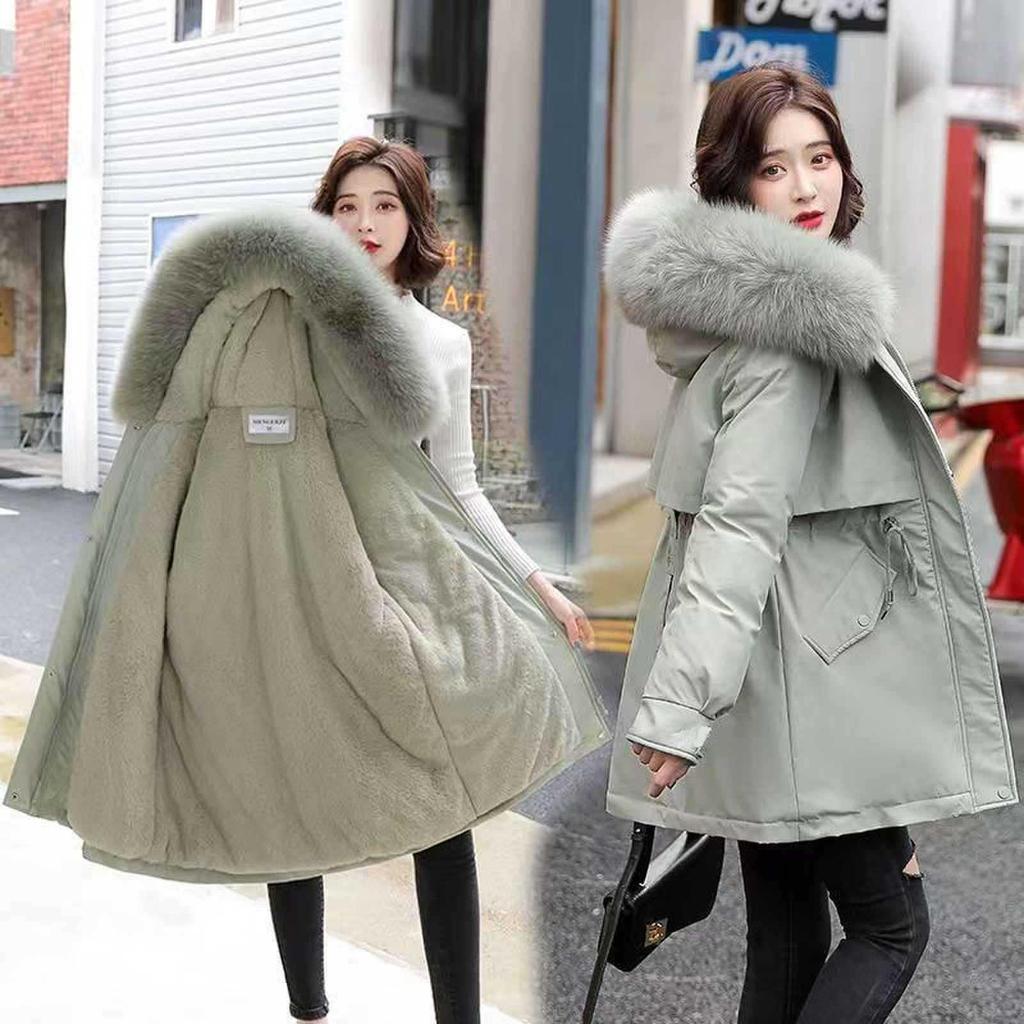2025 Winter Women's Mid-Length Fur Collar Cotton Coat with Velvet Padding