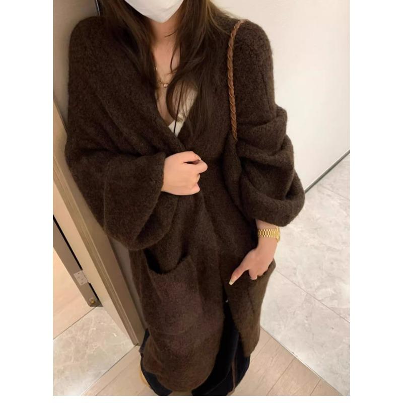 Soft waxy high-end lazy wind medium and long knitted cardigan women's autumn and winter thickened loose sweater jacket coat