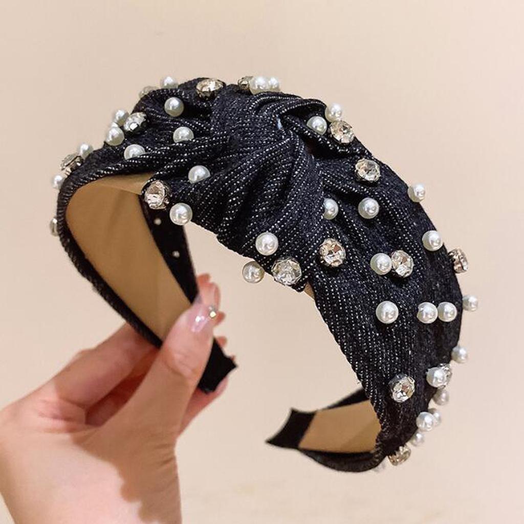 Fashion Wide Blue Denim Cross Knotted Headband Women Personal Pearl Rhinestone Hairband Vintage Hair Hoop Bezel Hair Accessories