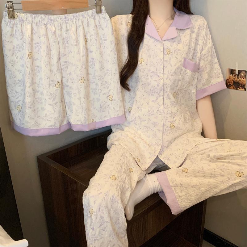 Pastoral Dream Purple Floral Pajamas Women'S Summer Short-Sleeved Cardigan Cute Rabbit Three-Piece Loungewear