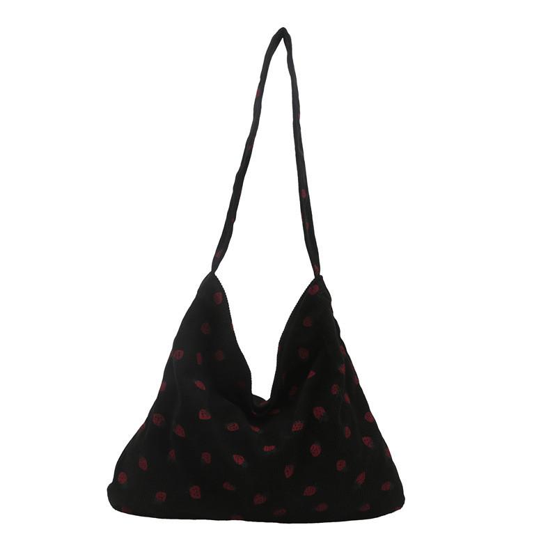 Corduroy Strawberry Print Tote Bag With Magnetic Closure For Daily Use