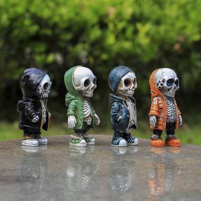 Cool Halloween Skeleton In Hoodie Resin Figurine - Gothic Desktop Decor, Cartoon Skull Statue
