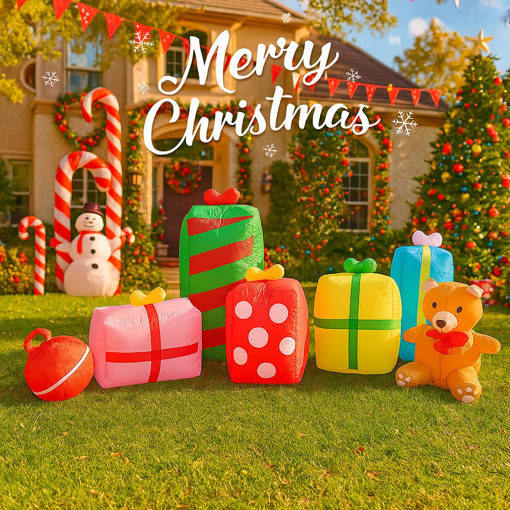 9.84FT Inflatable Toy Gift Boxes Teddy Bear Xmas Yard Lawn Party Decoration with LED Light Christmas Home Supplies Ornament Gift