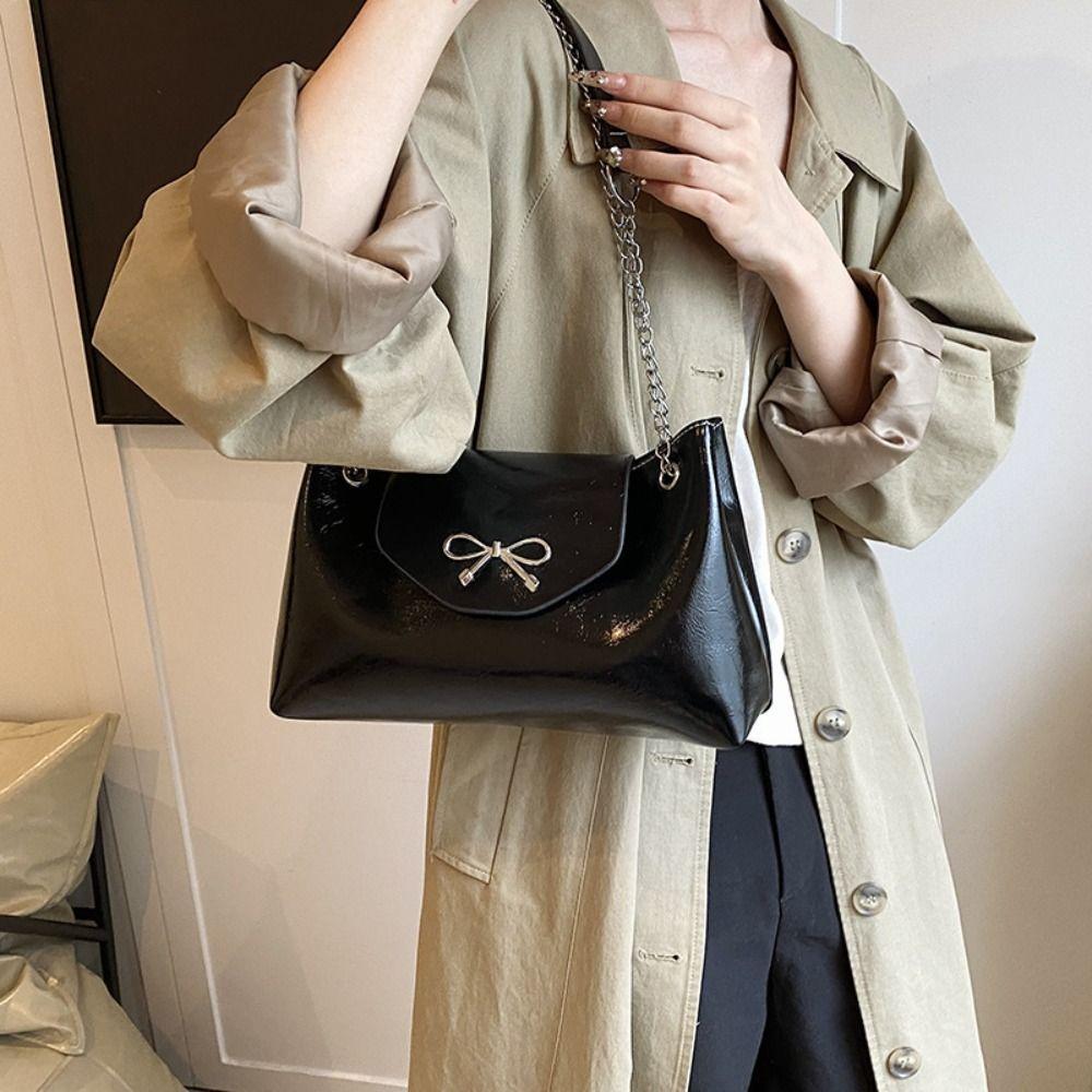 Solid Color Bow Underarm Bag Leather Y2K Crossbody Handbag Fashionable Bowknot Armpit Bag Lady