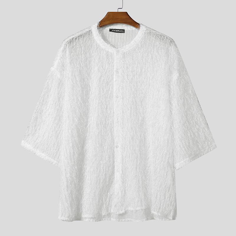

INCERUN Oversized Men 3/4 Sleeve Semi-Sheer Tassel Casual Loose Texture Shirts S