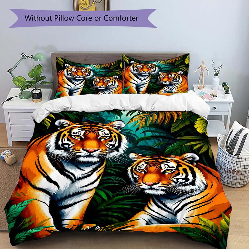3pcs Tiger Print Bedding Set - 1 Duvet Cover + 2 Pillowcases(Core Not Included), Machine Washable Polyester yy251216190
