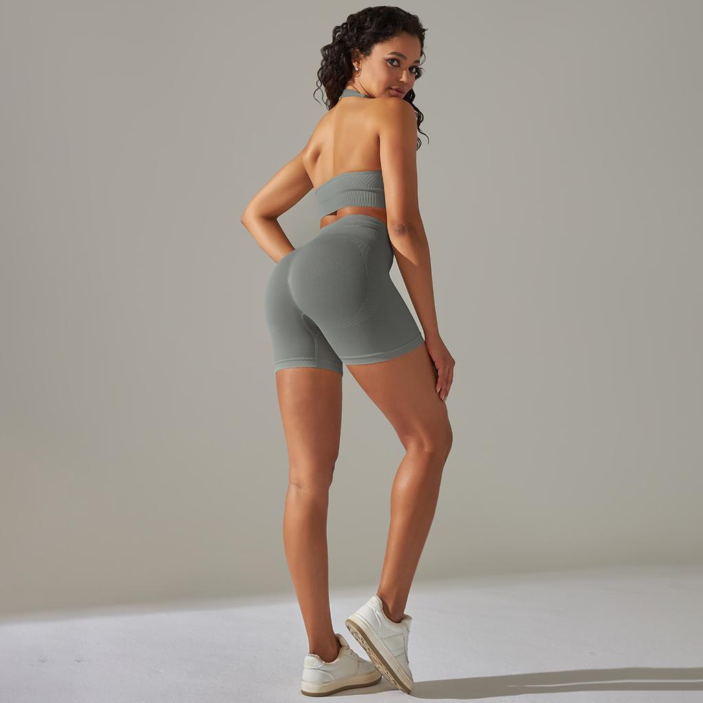 Seamless Knitted Back High Elasticity Sports Bra Yoga Set Running Fitness Shorts Two Piece Set For Women