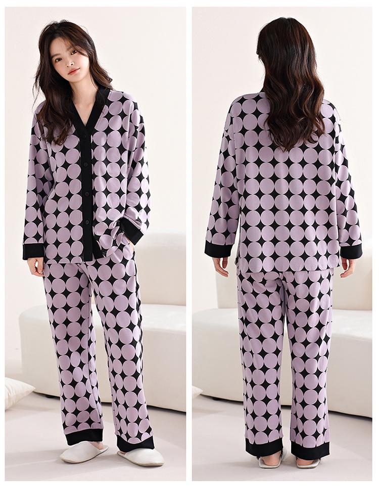 2026 Women's Milk Silk Pajamas Set: V-Neck Cardigan, Long Sleeve, Long Pants, Thin Polka Dot Print for Spring and Autumn