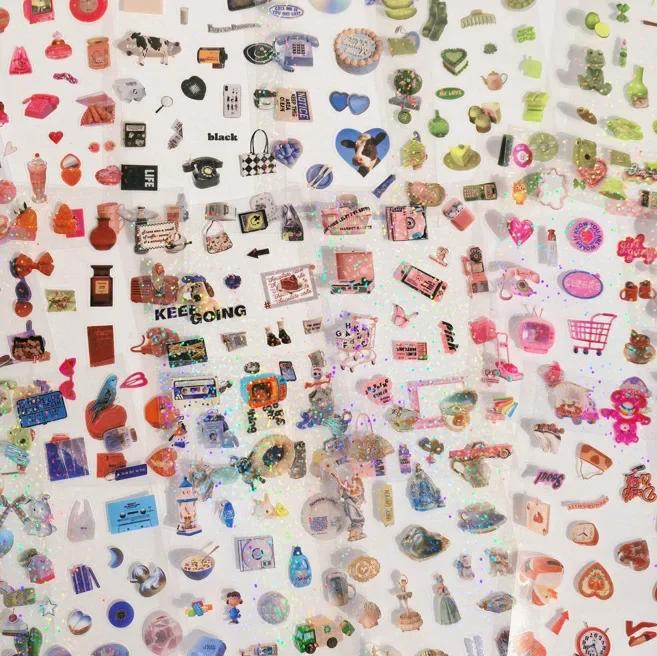 

20Pcs Cute American Retro Shining Laser Cartoon Sticker Scrapbook Journal DIY Cut Film Decal Kawaii Phone Case Camera Decoration