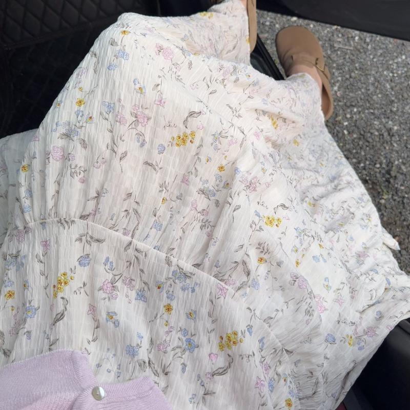 Jemná květinová midi sukně s vysokým pasem, volná, zeštíhlující, texturovaná, vrstvená jako dort - Letní dámská, elegantní, trendy, rozšířená, ležérní, elegantní, univerzální, měkká látka