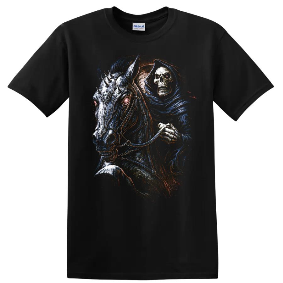 Skull Horse Gothic Fantasy T Shirt w/ Grim Reaper Colorful Illustration Tee