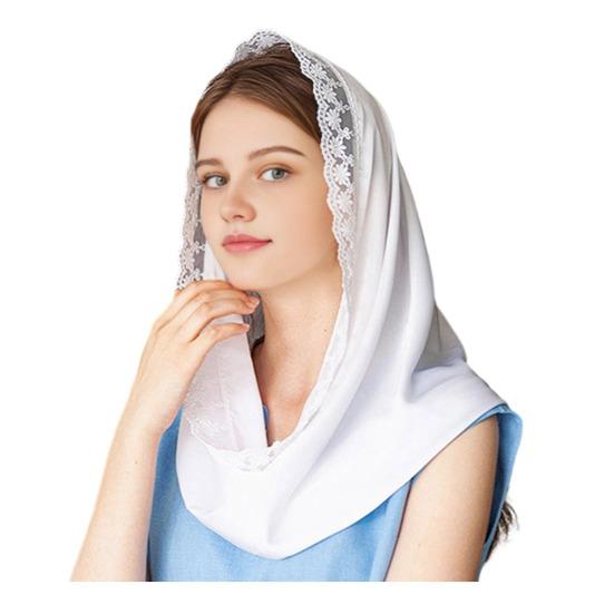 

Hooded Headscarf Lightweight Breathable Gauze Fabric Sun Protection Turban Hat with Lace Embroidery Lightweight Commuting Head Wrap білий
