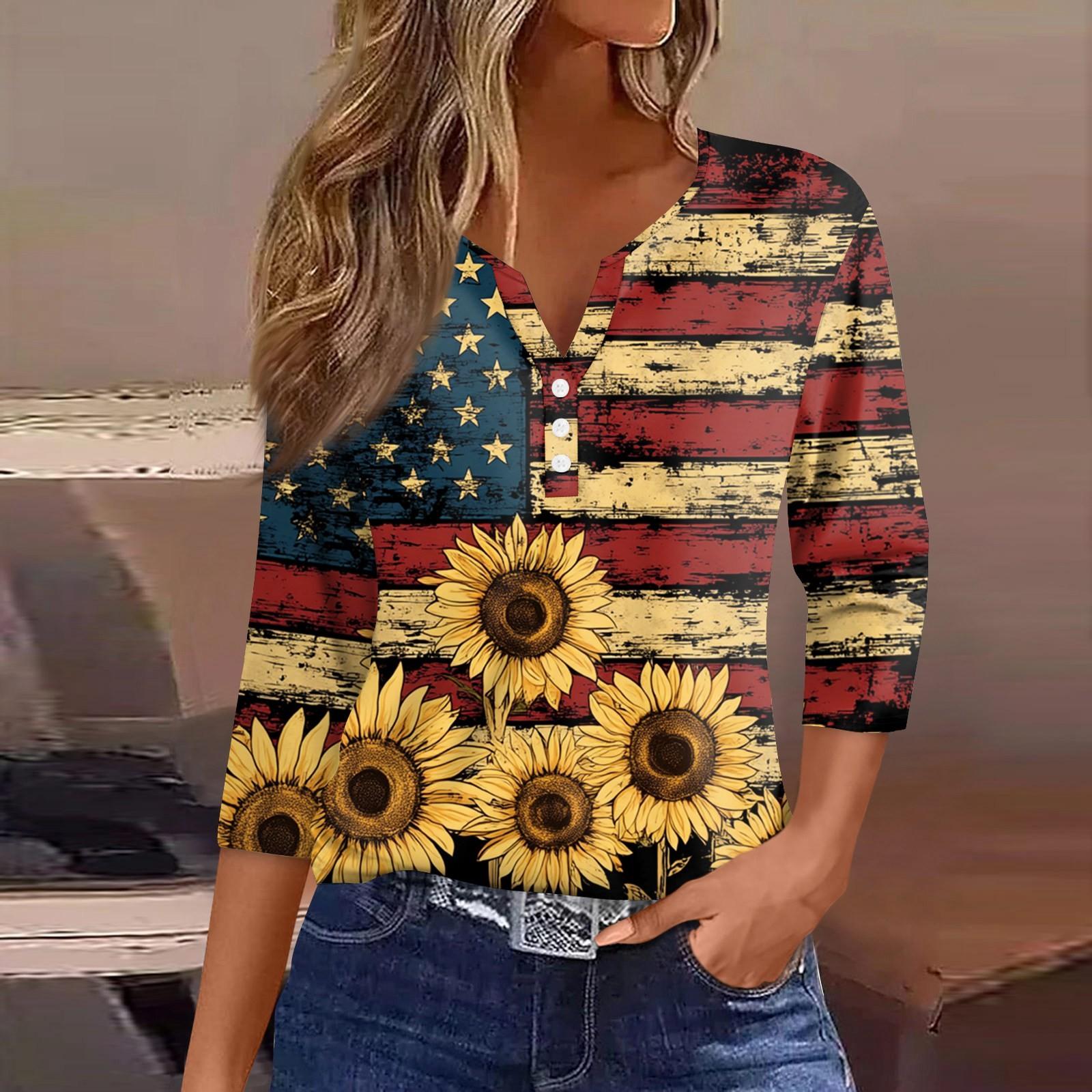 

Жіноча футболка Ті День Незалежності З принтом Ґудзик Рукав 3/4 Туніка Повсякденна Мода Вихідного дня Базова V-подібний виріз Звичайна Топ XL жовтий