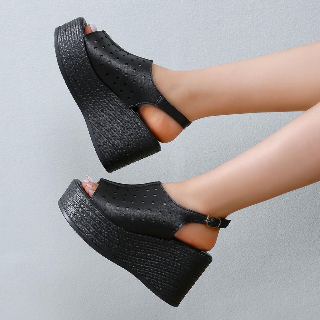 Fashion Aphixta Fashion Woman Black Sandals Side Buckle Peep Toe Women Summer Hollow Shoes Platform Sandal Lady Wedge Shoes Big Size 43