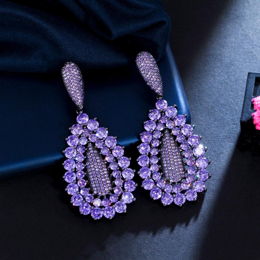 Zircons Bright Round Dark Purple Cubic Zirconia Stone Fine Large Long Dangle Wedding Bridal Earrings For Women