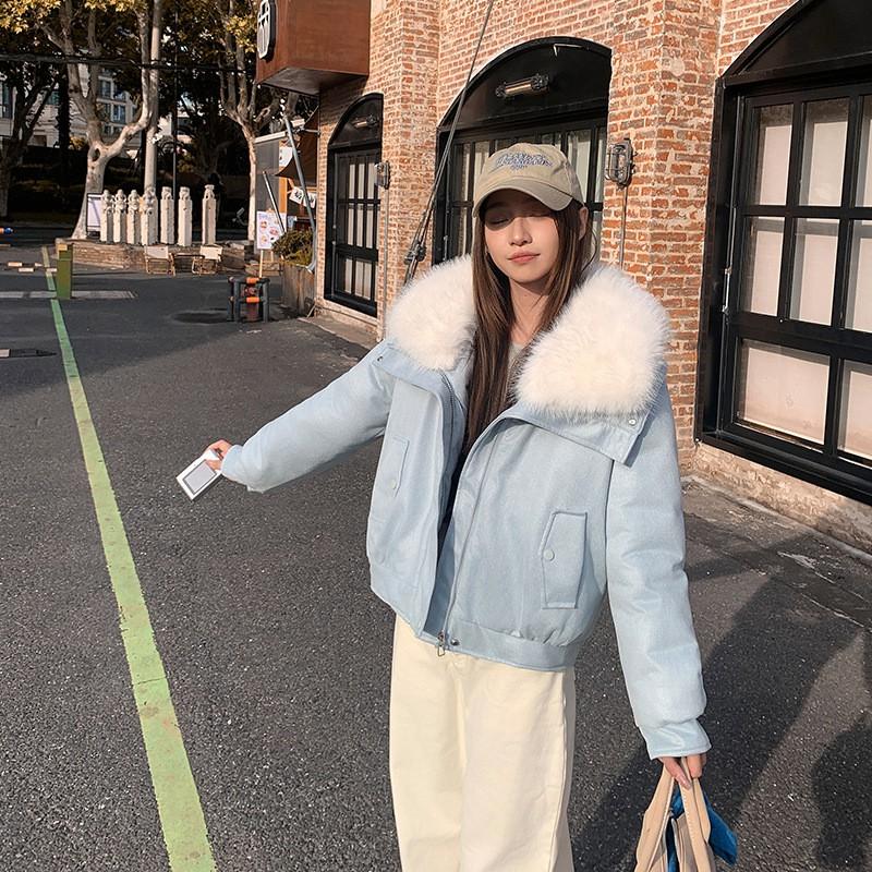 Womens Short Down Cotton Coat With Lamb Fur Collar Winter Elegant Slim Fit Outerwear Small Frames
