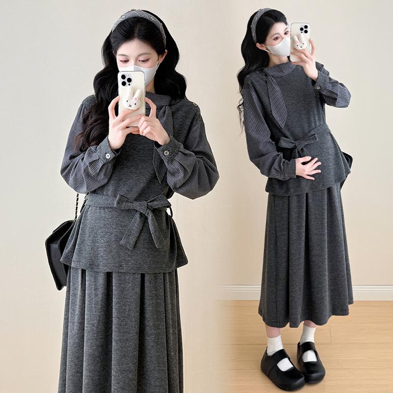 Spring 2026 Maternity Casual Two-Piece Set: Bow Tie Lace-up Top & Skirt XL