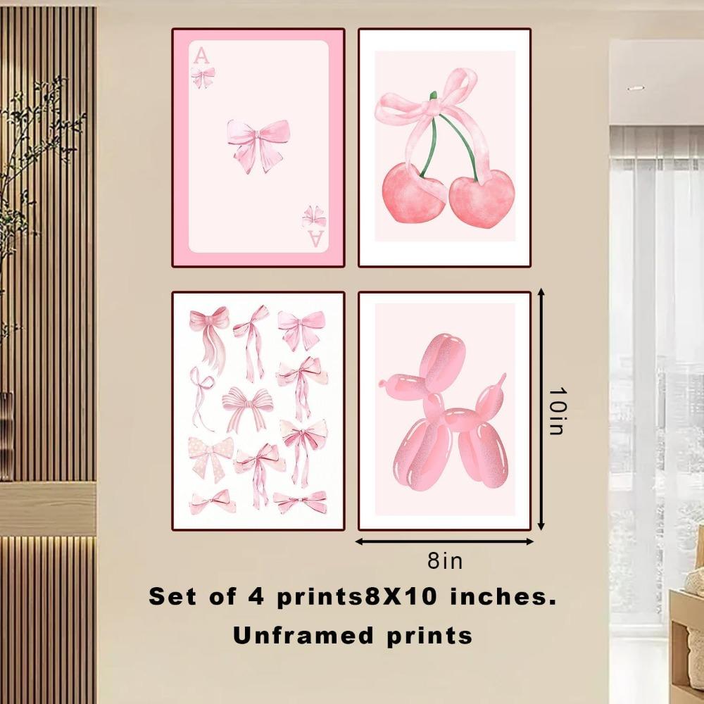 4 Stück Rosa Schleife Kirsche Discokugel Poster Wanddekoration, Niedliche Ballonhund-Poster, Mädchenzimmer Dekoration Rosa Fotos Ungerahmt