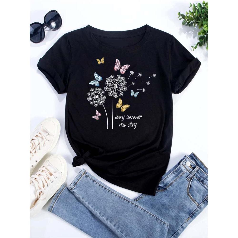 Dandelion graphic printing T-shirt women's summer short-sleeved round neck casual fashion streetwear top