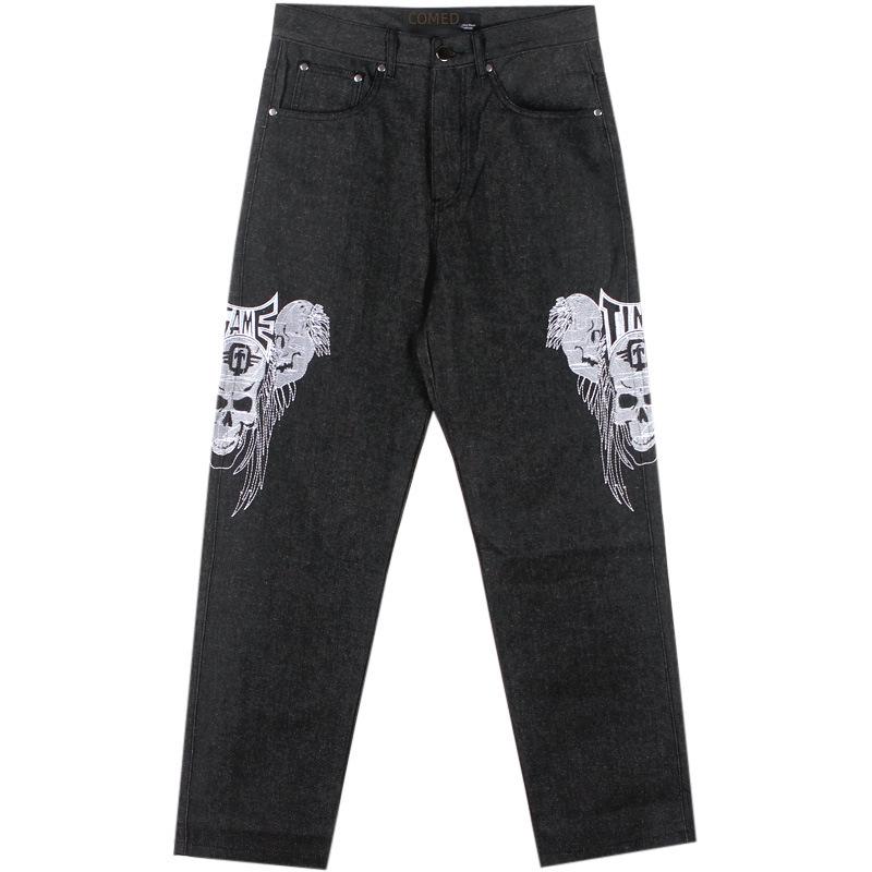 Men's Hip-Hop Street Dance Jeans: Trendy, Embroidered Skull, Straight, Loose, Casual Skateboard Pants, Plus Size Available.