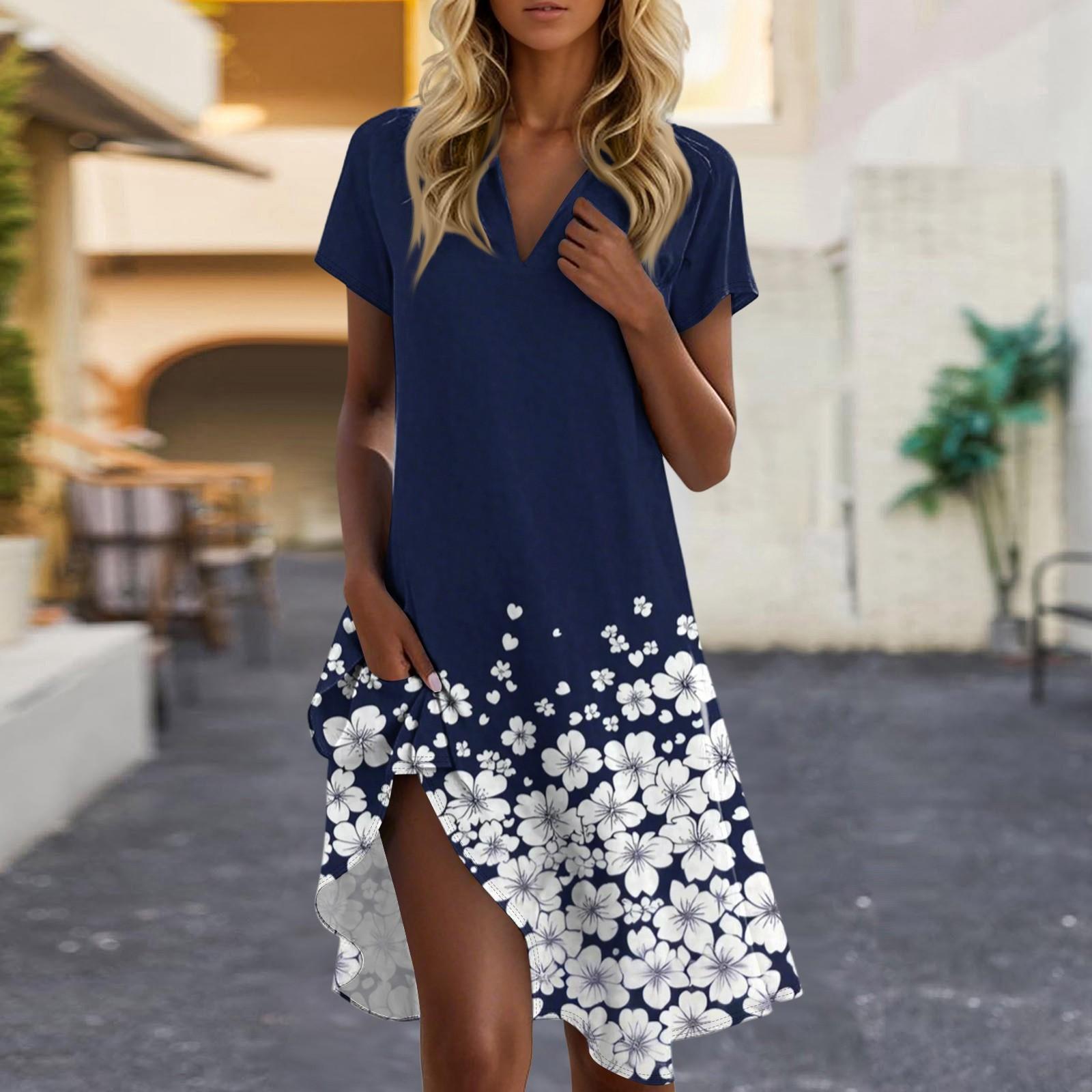 

Women s Casual Fashion Lapel Floral Print Dress Short Sleeve V Neck Short Skirt S Темно-синій
