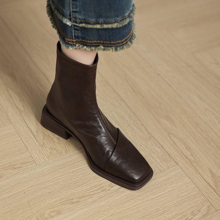 Huge good-looking medium heel thin boots women's French square head Martin boots thick-soled Chelsea boots small short boots