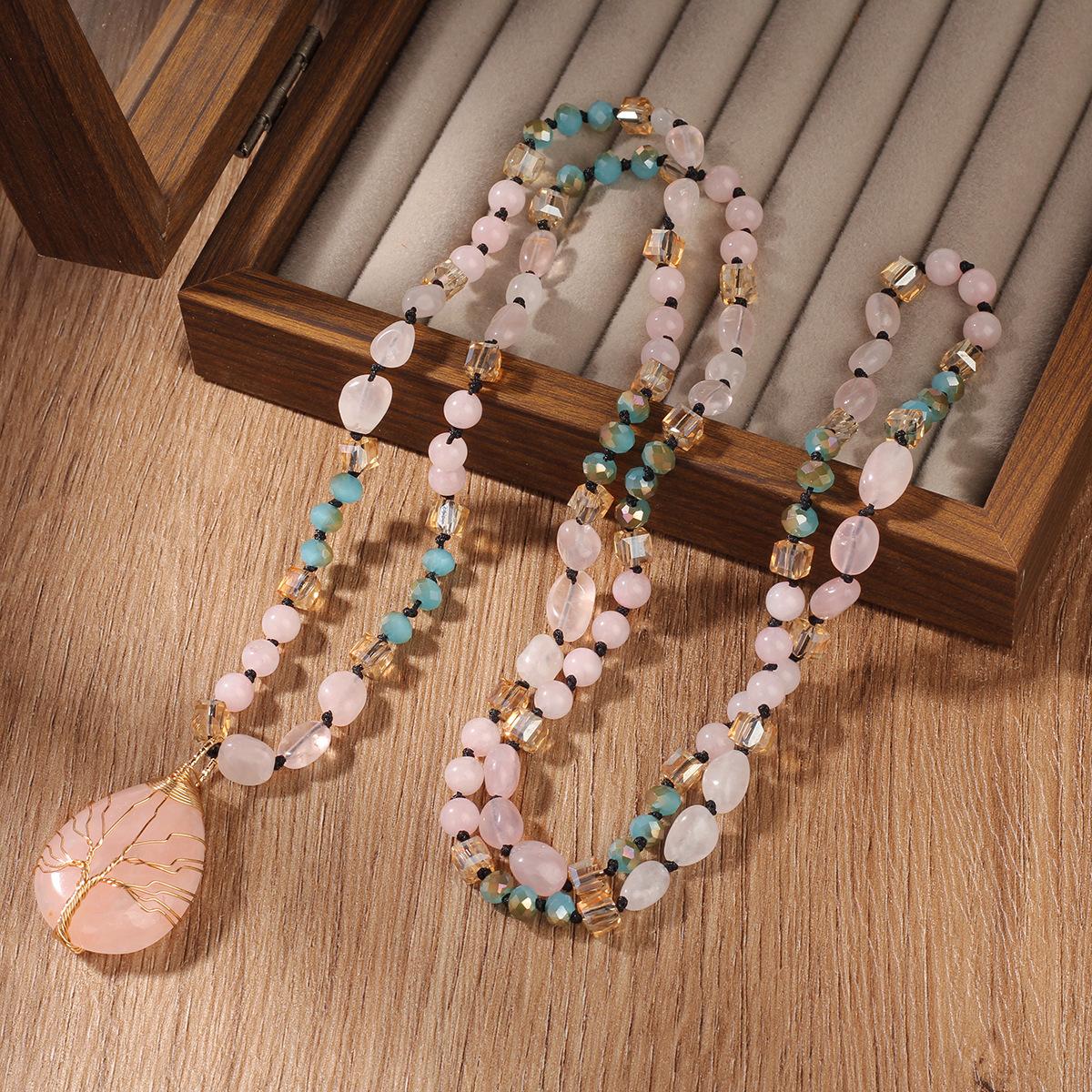 Wjg Pretty Women's Pink Long Sweater Chain Crystal Stone Cut Surface Artificial Crystal Necklace Copper Wire Wrapped Powder Crystal Pendant Necklace