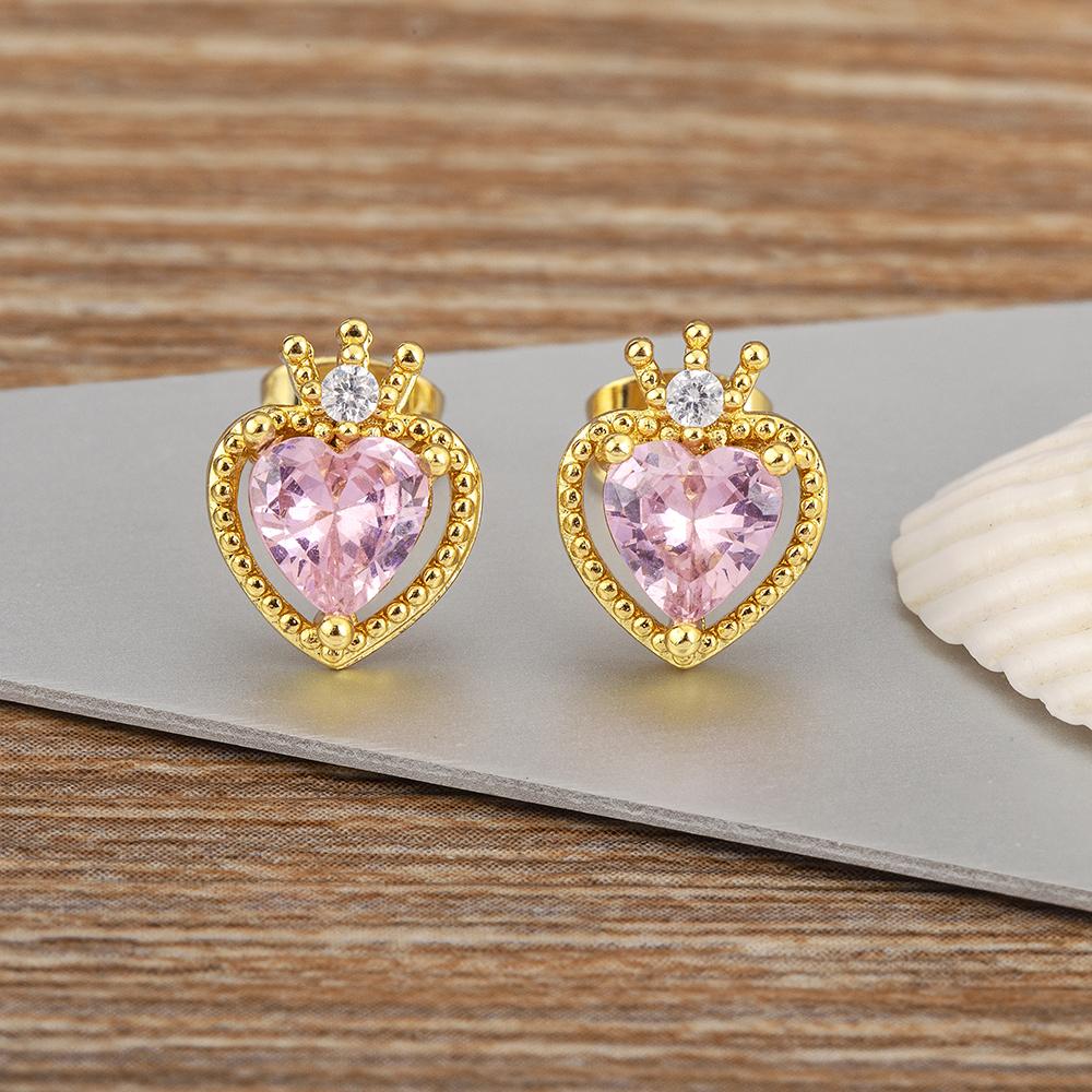 Nidin New Arrival Romantic Heart Shape Inlaid Pink Zircon Charm Stud Earrings for Women Birthday Party Ear Jewelry Delicate Gift