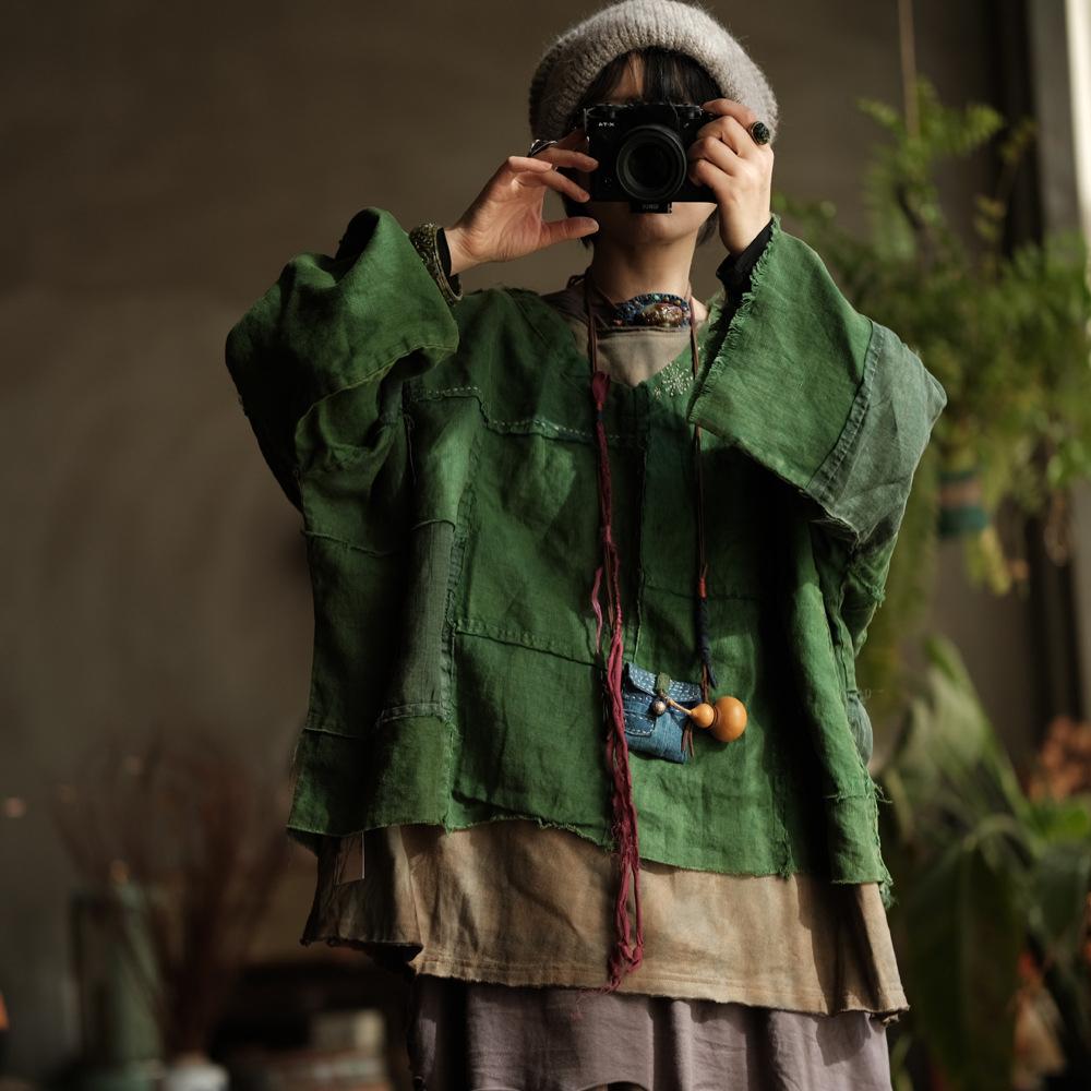 Johnature Dámská vintage patchworková trička s dlouhým rukávem a výstřihem do V, volná jarní trička