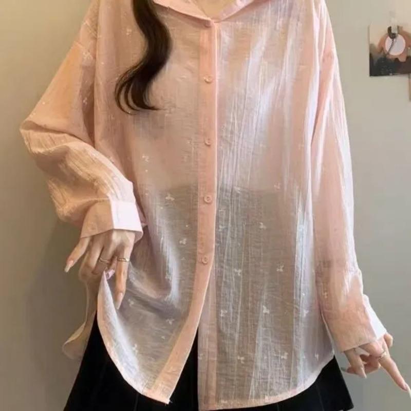 

Women s Pink Star Print Back Tie Split Hem Long Sleeve Loose Fit Casual Chiffon Blouse M розовый