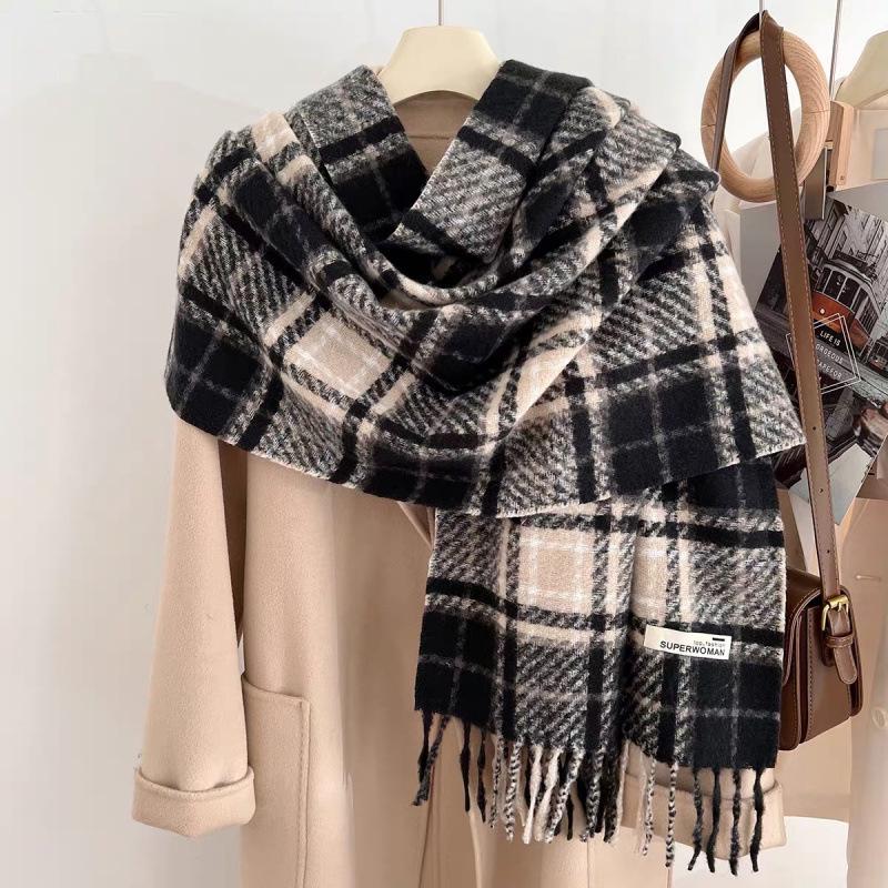 Plaid Korean Style Scarf 2025: Imitation Cashmere, Tassel Shawl for Autumn/Winter, Warm Thick Neck Warmer for Couples